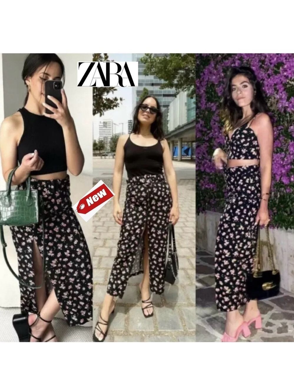 Zara black pink floral flower print high waisted belted front slit midi skirt XS